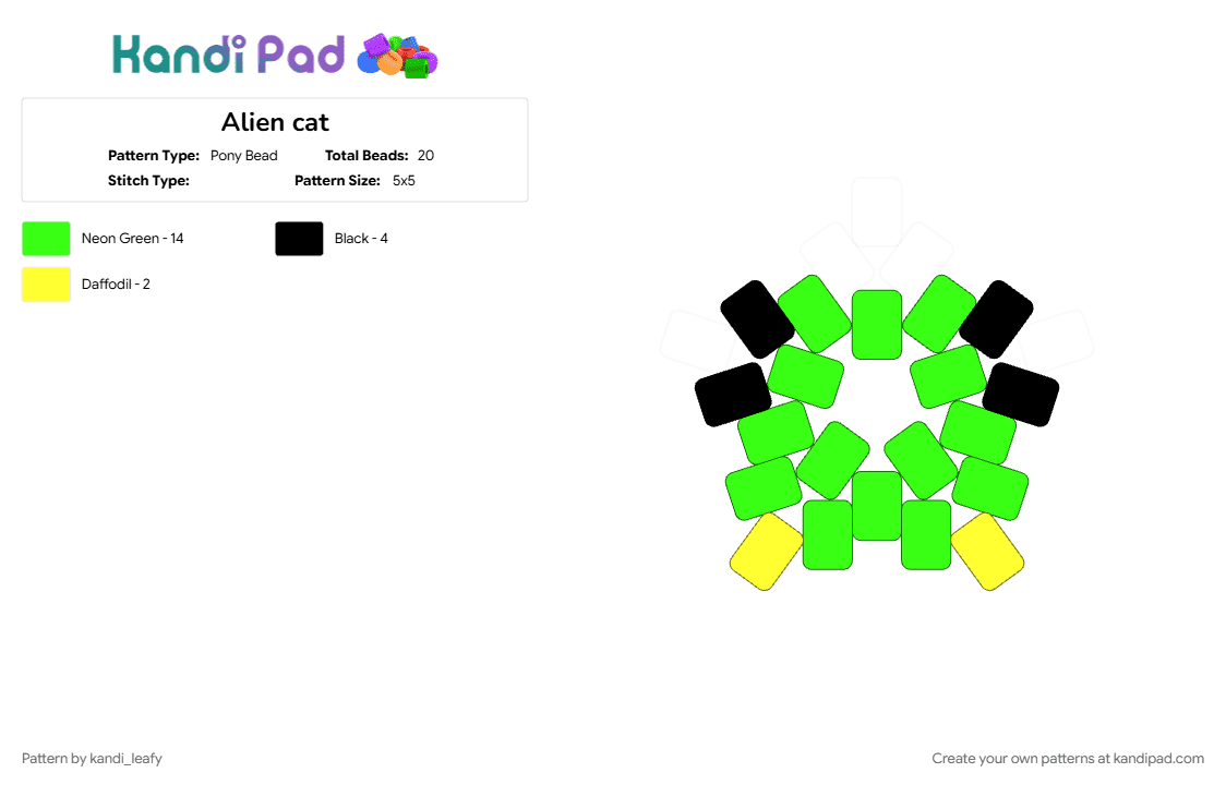 Alien cat - Pony Bead Pattern by kandi_leafy on Kandi Pad - alien, cat, catstar, cute, funny, green, simple, star