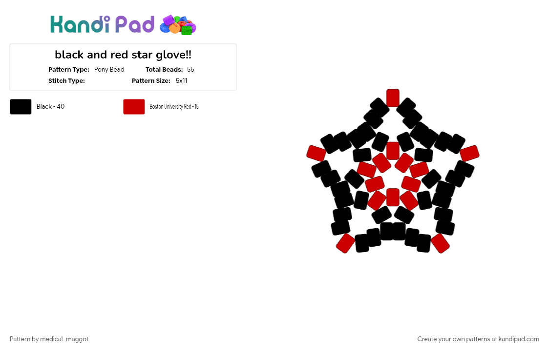 black and red star glove!! - Pony Bead Pattern by medical_maggot on Kandi Pad - black, red, star glove