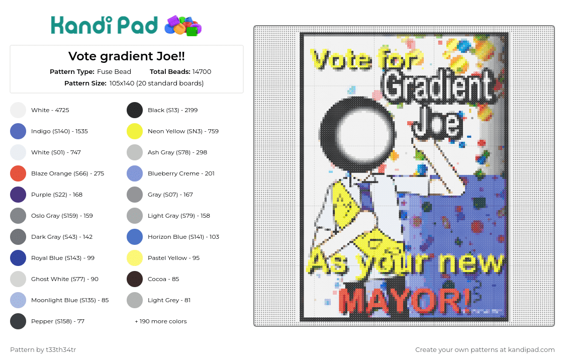 Vote gradient Joe!! - Fuse Bead Pattern by t33th34tr on Kandi Pad - gradient joe,bugbo,character,youtube,sign