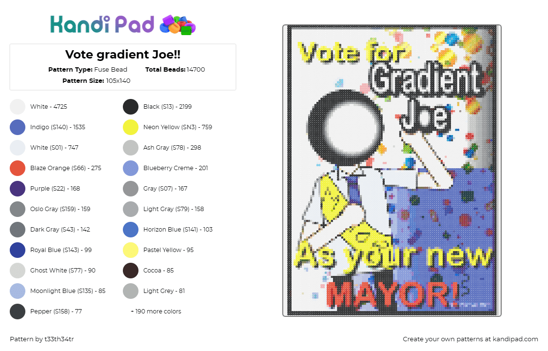 Vote gradient Joe!! - Fuse Bead Pattern by t33th34tr on Kandi Pad - gradient joe,bugbo,character,youtube,sign