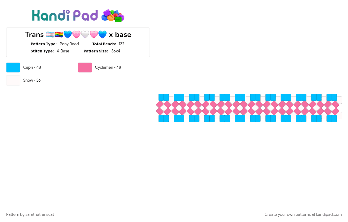 Trans 🏳️‍⚧️🏳️‍🌈💙🩷🤍🩷💙 x base - Pony Bead Pattern by samthetranscat on Kandi Pad - light blue, pink, pride, trans, trans rights, transgender, x base
