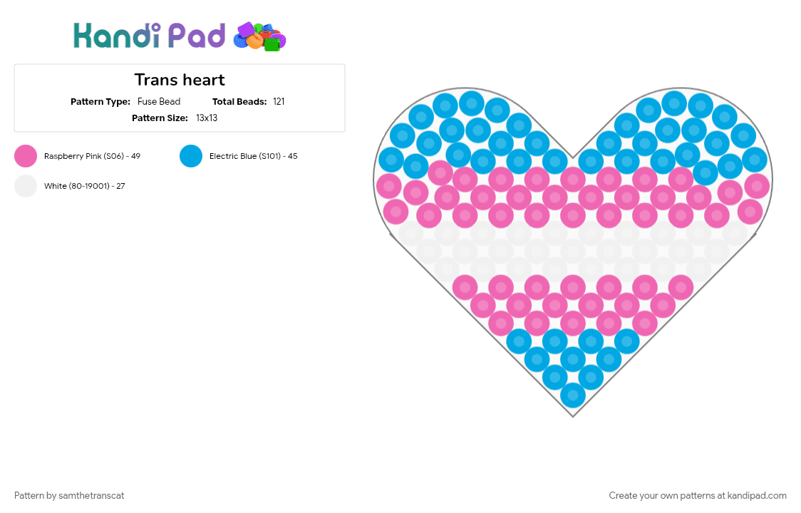 Trans heart - Fuse Bead Pattern by samthetranscat on Kandi Pad - heart, light blue, pink, pride, pride heart, trans, trans heart, transgender