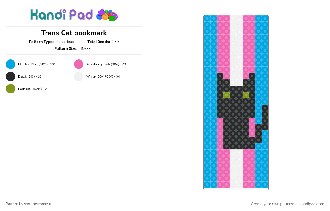 Trans Cat bookmark - Fuse Bead Pattern by samthetranscat on Kandi Pad - book, bookmark, books, cat, light blue, pink, pride, trans, trans rights, transgender