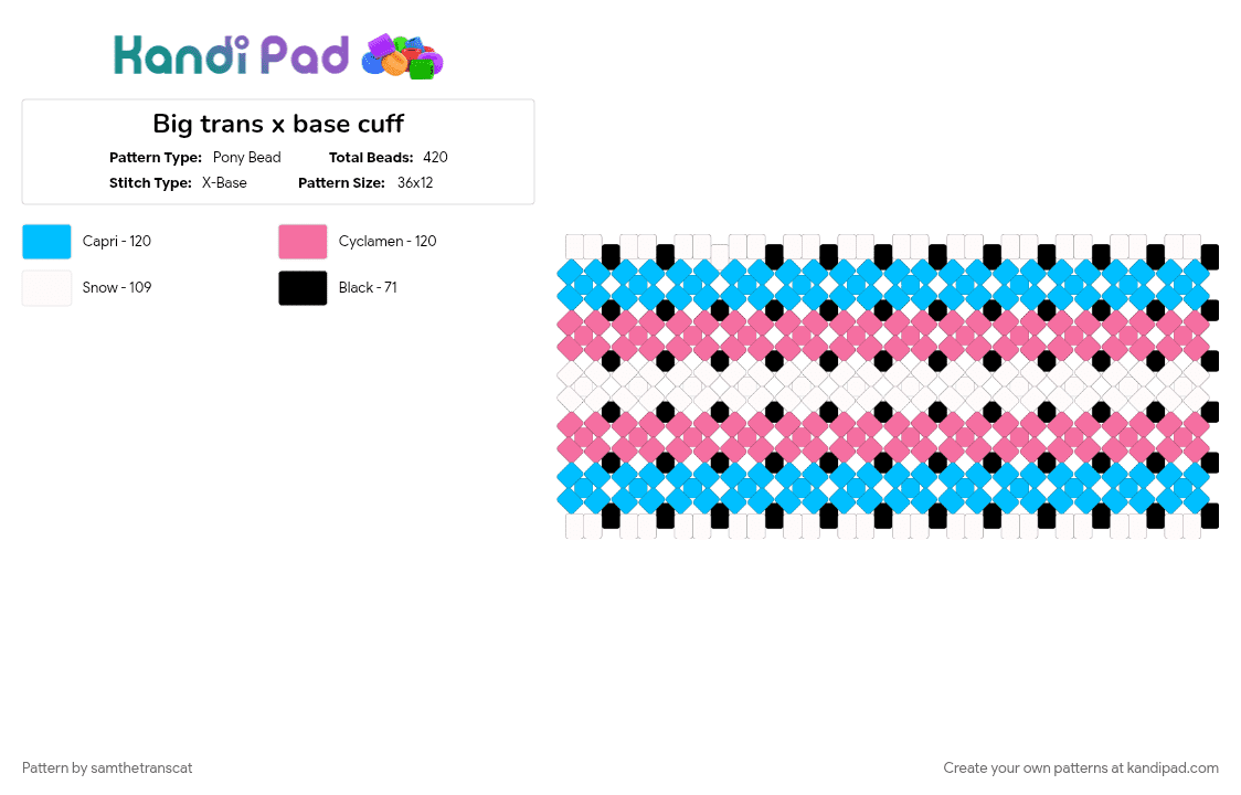 Big trans x base cuff - Pony Bead Pattern by samthetranscat on Kandi Pad - light blue, pink, pride, trans, transgender, x base