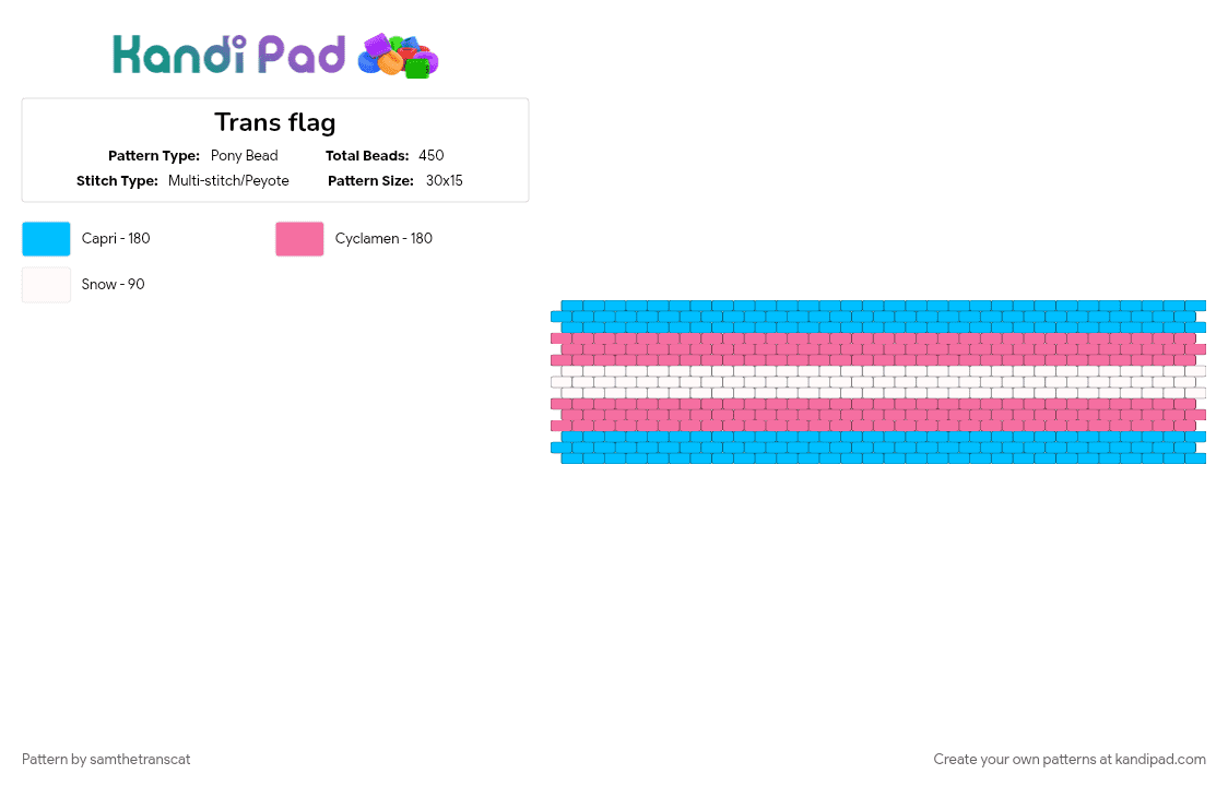 Trans flag - Pony Bead Pattern by samthetranscat on Kandi Pad - flag, light blue, pink, pride, pride flag, trans, trans flag, transgender