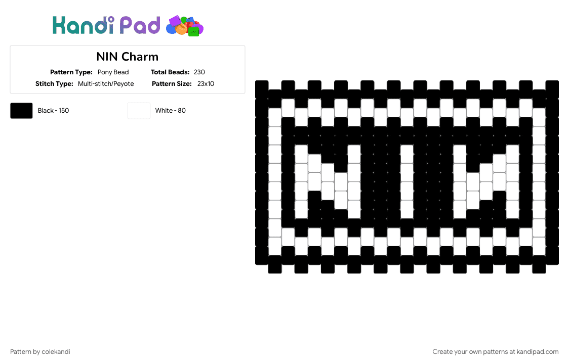 NIN Charm - Pony Bead Pattern by colekandi on Kandi Pad - black, white