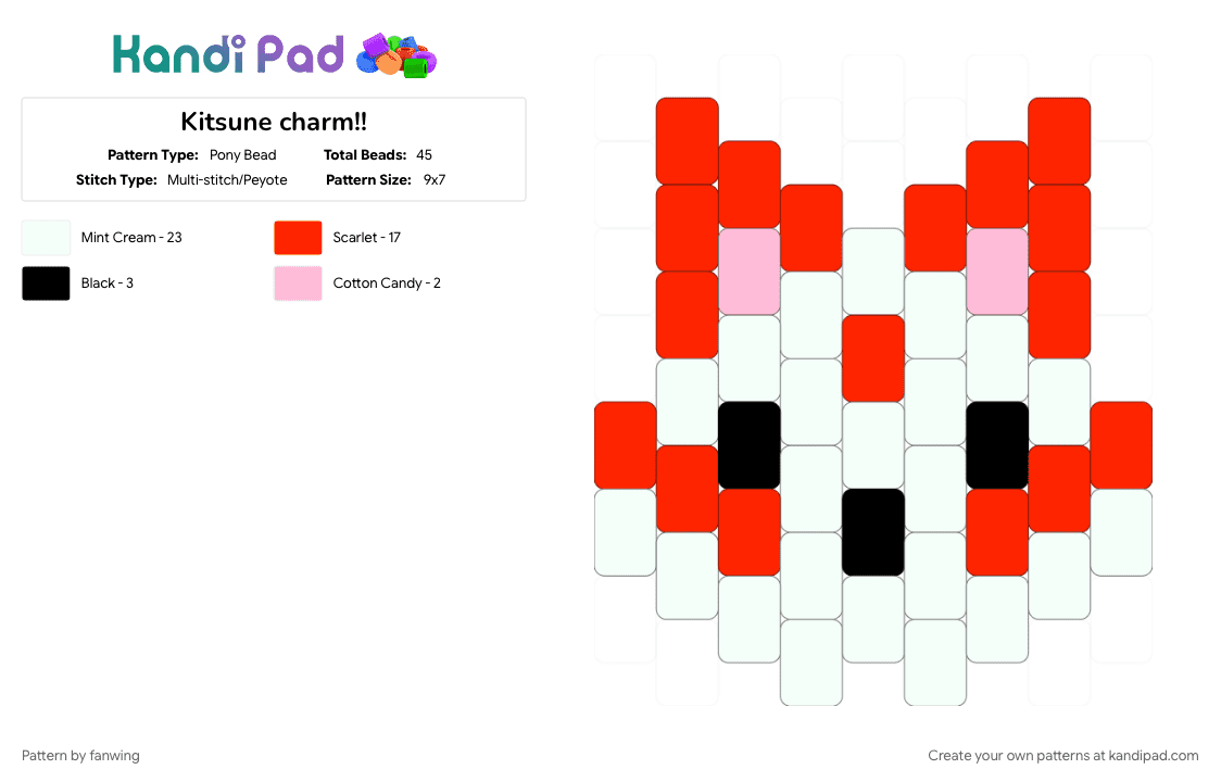 Kitsune charm!! - Pony Bead Pattern by fanwing on Kandi Pad - black, charm, folklore, japan, kitsune, pony bead, red, white