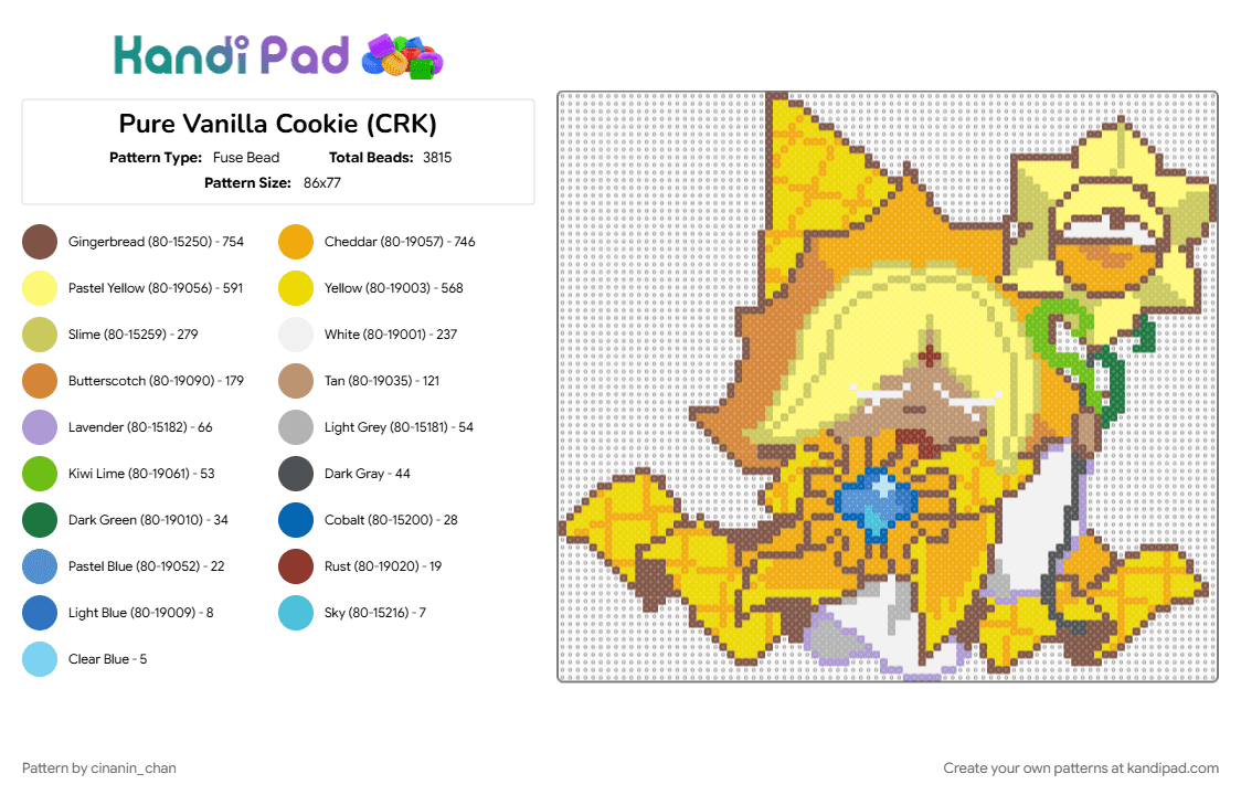 Pure Vanilla Cookie (CRK) - Fuse Bead Pattern by cinanin_chan on Kandi Pad - character, cookie run, green, light blue, orange, pure vanilla cookie, tan, video game, yellow