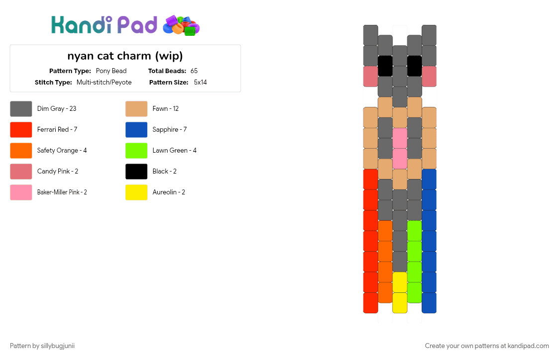 nyan cat charm (wip) - Pony Bead Pattern by deleted_user_347955 on Kandi Pad - gray, howdididothis, nyancat, orange, red, scenecore, wip