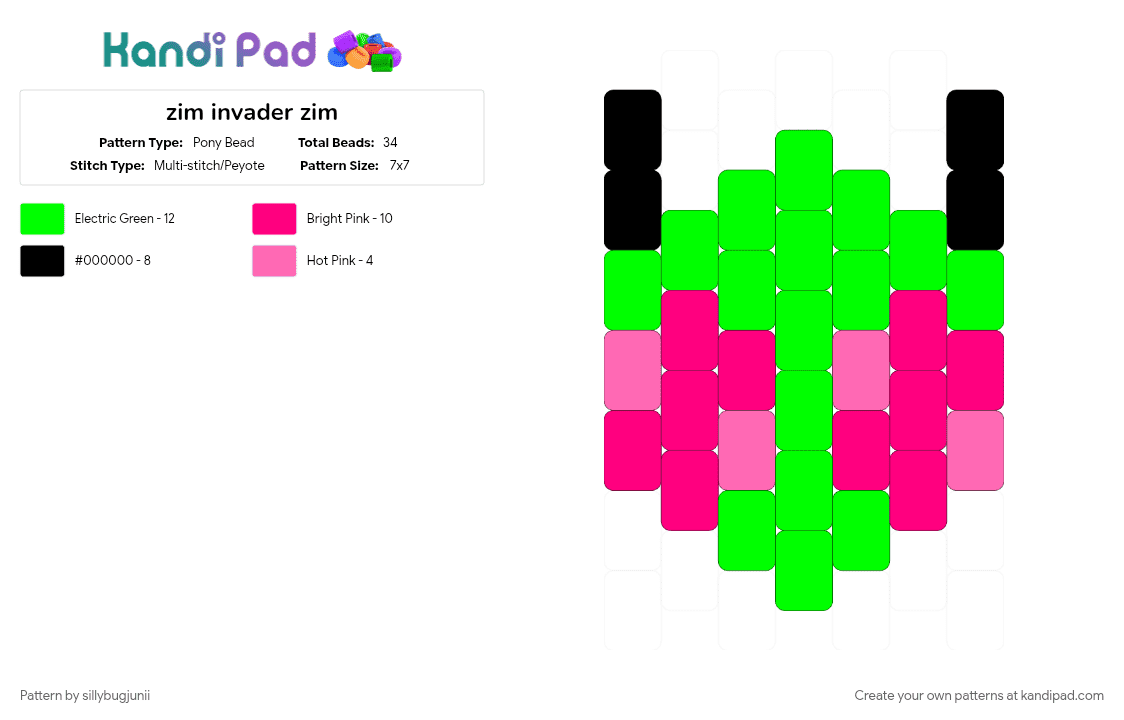 zim invader zim - Pony Bead Pattern by sillybugjunii on Kandi Pad - green, invader zim, pink, scene kid, zim