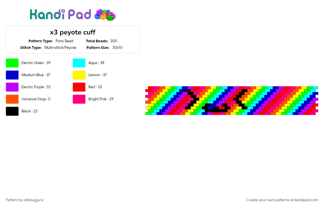 x3 peyote cuff - Pony Bead Pattern by sillybugjunii on Kandi Pad - colorful, eyestrainwarning, green, light blue, purple, rainbow, rave, scenecore, yellow
