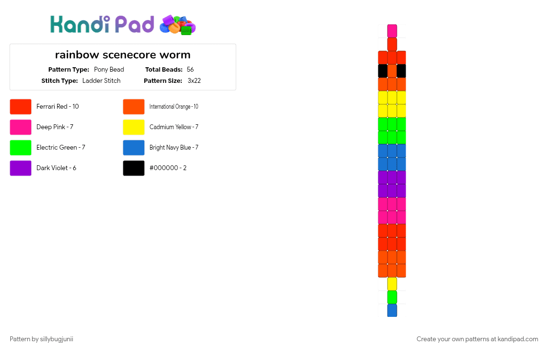 rainbow scenecore worm - Pony Bead Pattern by deleted_user_347955 on Kandi Pad - blue, colorful, rainbow, red, worm, wormonastring, yellow