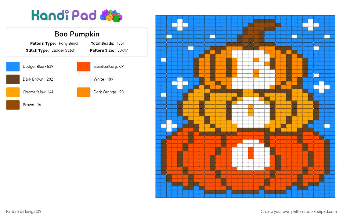 Boo Pumpkin - Pony Bead Pattern by kaygirl09 on Kandi Pad - light blue, orange
