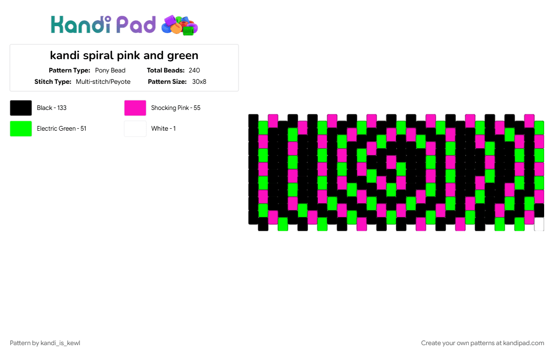 kandi spiral pink and green - Pony Bead Pattern by kandi_is_kewl on Kandi Pad - black, green, pink