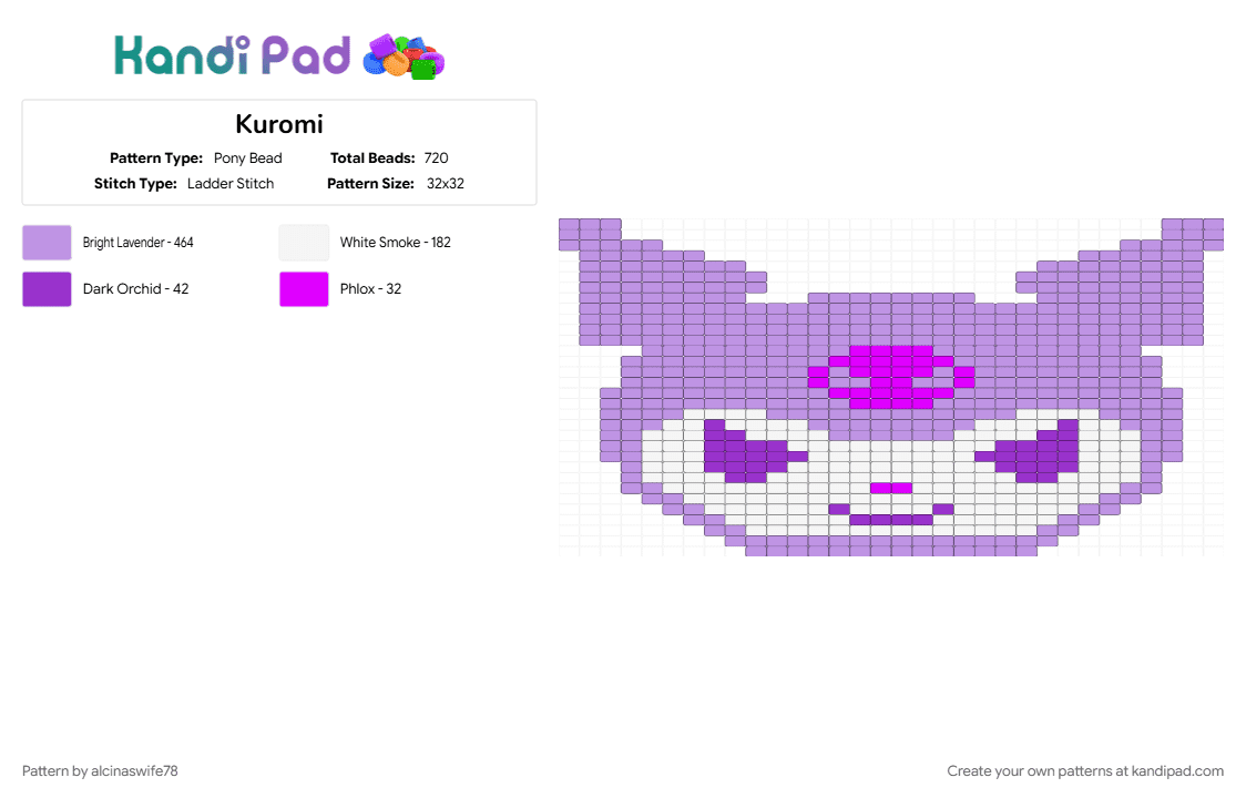 Kuromi - Pony Bead Pattern by alcinaswife78 on Kandi Pad - character, cute, hello kitty, kawaii, kuromi, pink, sanrio