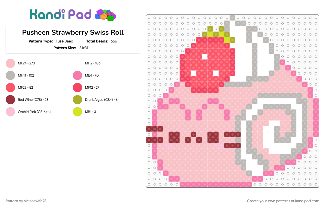 Pusheen Strawberry Swiss Roll - Fuse Bead Pattern by alcinaswife78 on Kandi Pad - beige, cakeroll, cute, food, fruit, kawaii, pusheen, strawberries, strawberry