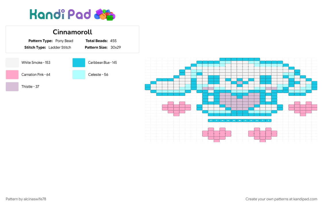 Cinnamoroll - Pony Bead Pattern by alcinaswife78 on Kandi Pad - cinnamoroll, cute, heart, hello kitty, kawaii, light blue, pink, sanrio