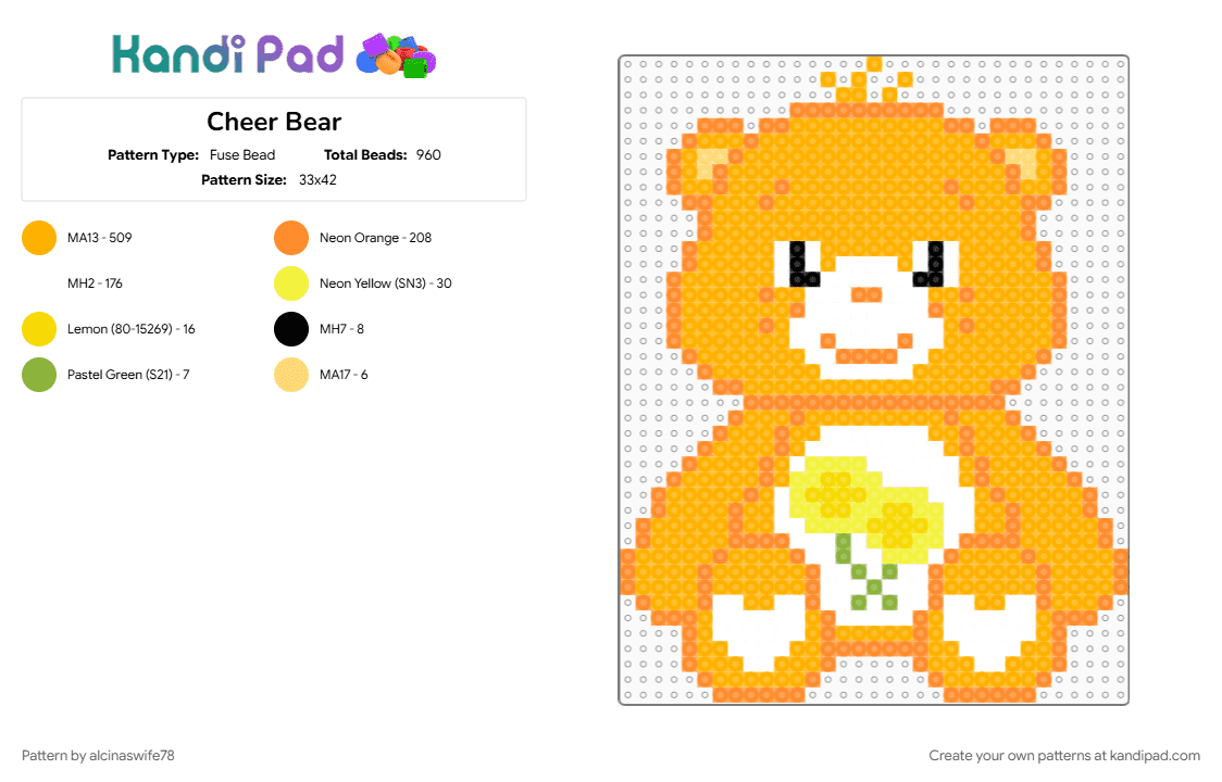 Cheer Bear - Fuse Bead Pattern by alcinaswife78 on Kandi Pad - care bears, cheer bear, cute, orange, orange flower