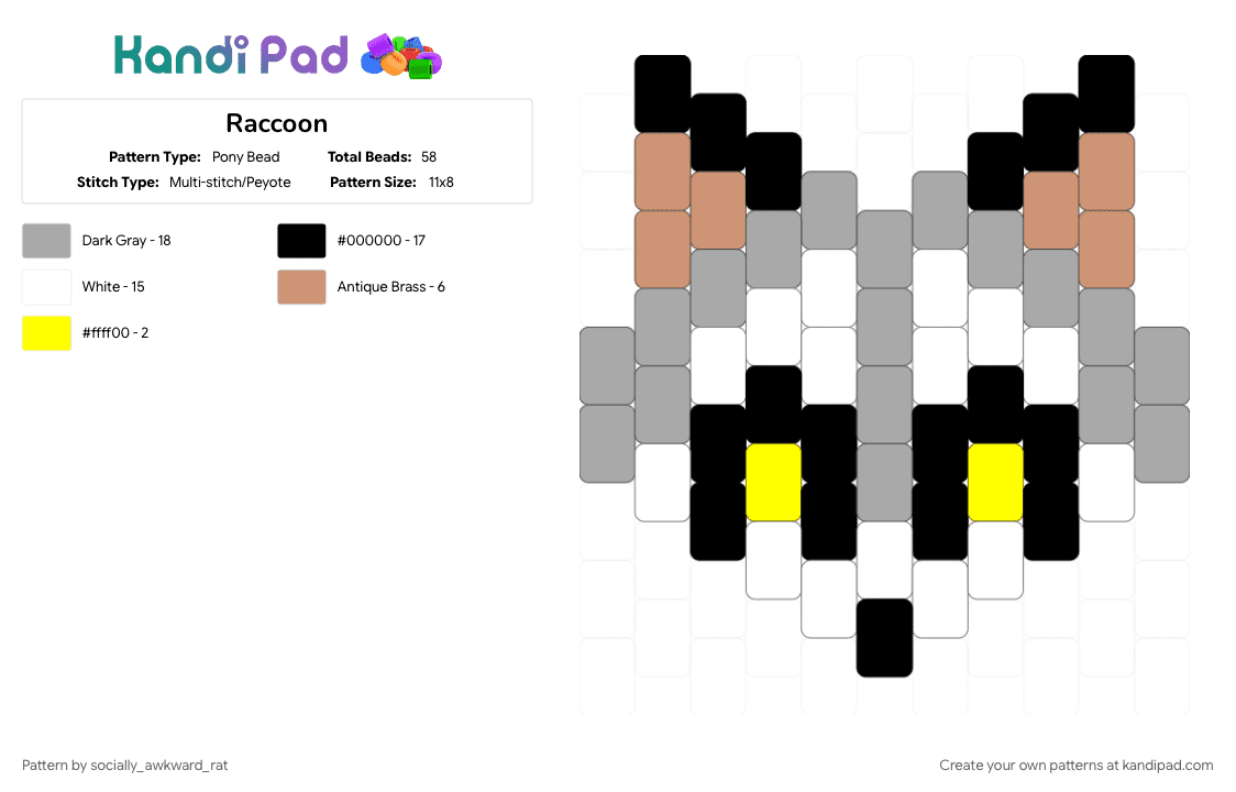 Raccoon - Pony Bead Pattern by socially_awkward_rat on Kandi Pad - animal, beige, charm, raccoon