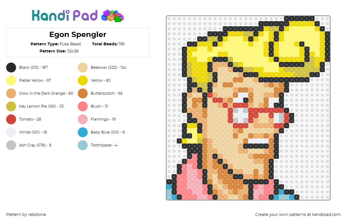 Egon Spengler - Fuse Bead Pattern by rebstone on Kandi Pad - egon spengler,ghostbusters,character,classic,movie,cartoon,animation,paranormal,