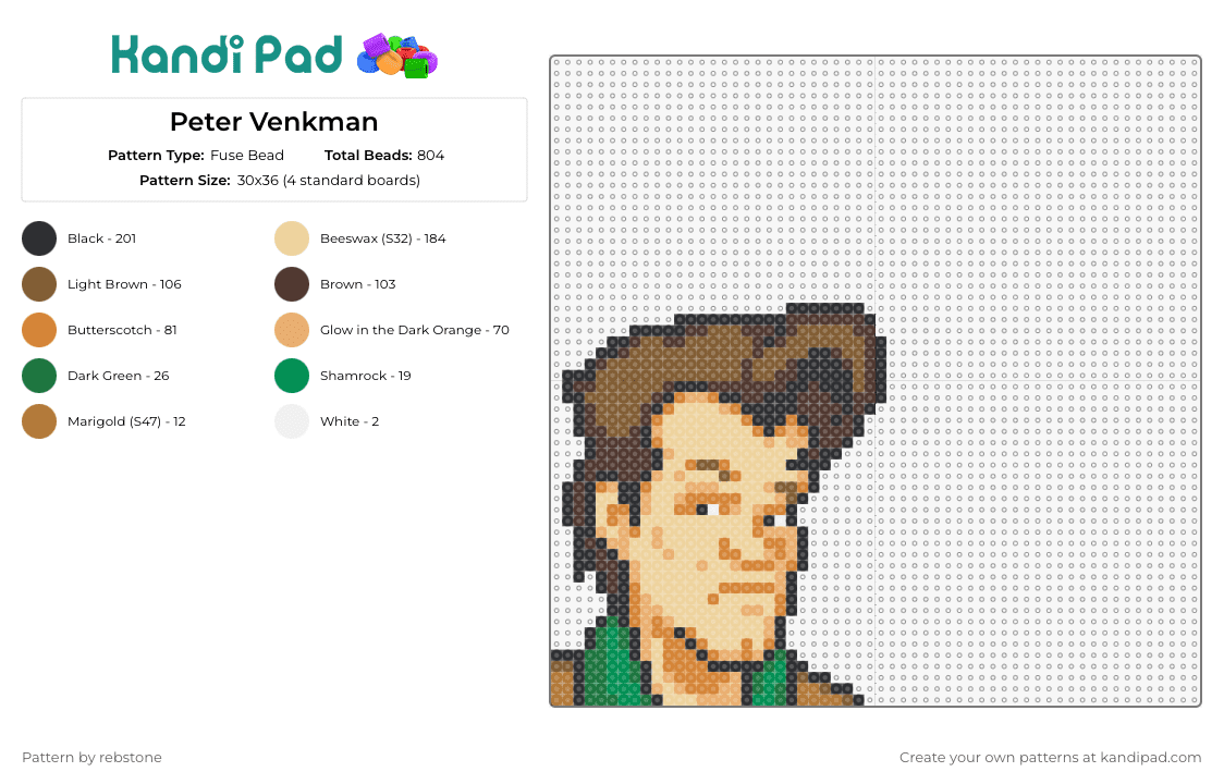 Peter Venkman - Fuse Bead Pattern by rebstone on Kandi Pad - peter venkman,ghostbusters,character,classic,movie,cartoon,animation,paranormal,portrait,brown,tan