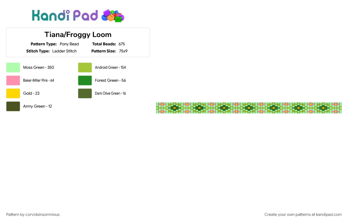 Tiana/Froggy Loom - Pony Bead Pattern by corvidsinsomnious on Kandi Pad - disney, green, loom, loom pattern, teal