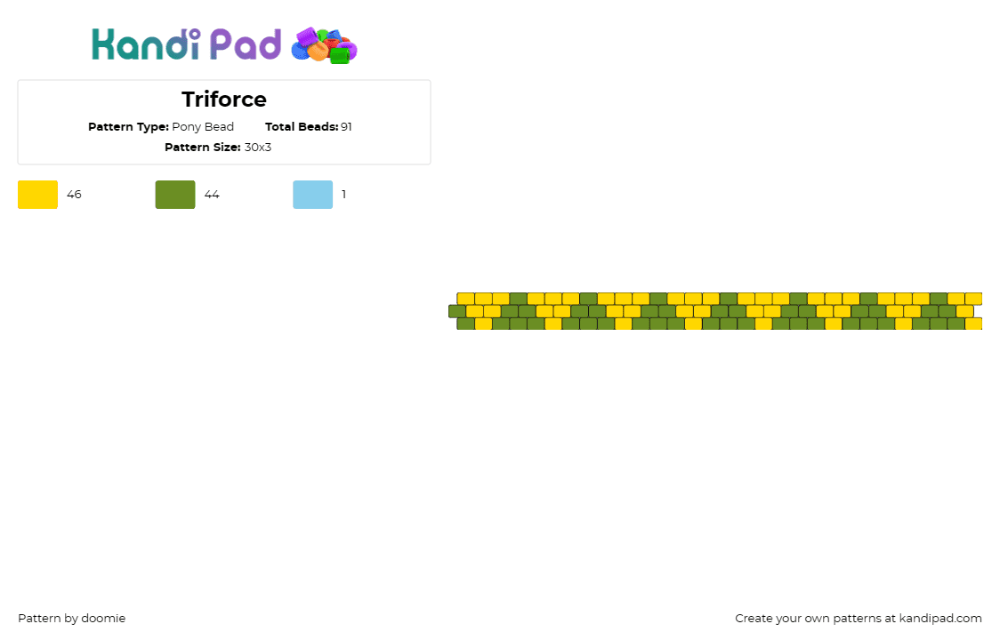 Triforce - Pony Bead Pattern by doomie on Kandi Pad - triforce,legend of zelda,video game,corn,geometric,bracelet,cuff,yellow,green