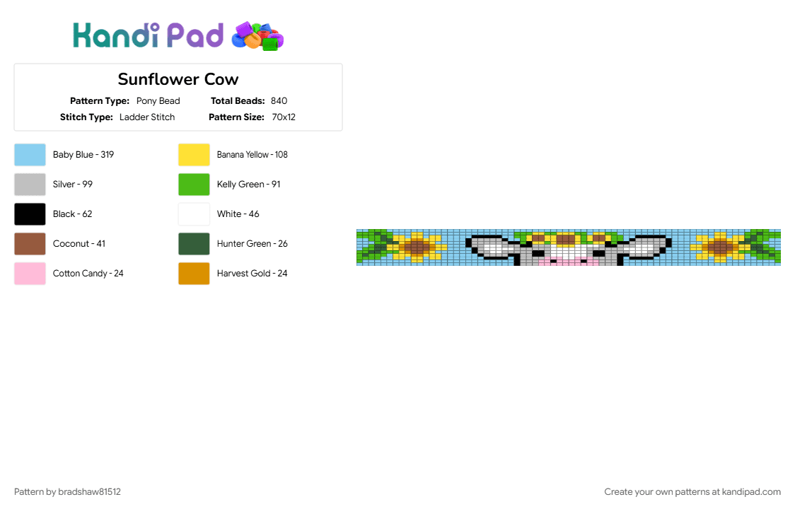 Sunflower Cow - Pony Bead Pattern by bradshaw81512 on Kandi Pad - beige, green, light blue, yellow
