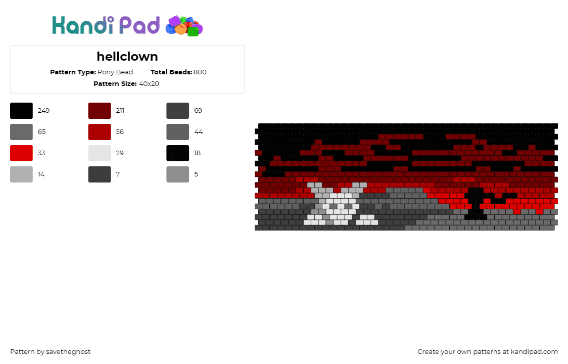 hellclown - Pony Bead Pattern by savetheghost on Kandi Pad - hellclown,fnaf,demon,five nights at freddys,horror,video game,cuff,red,gray,blac