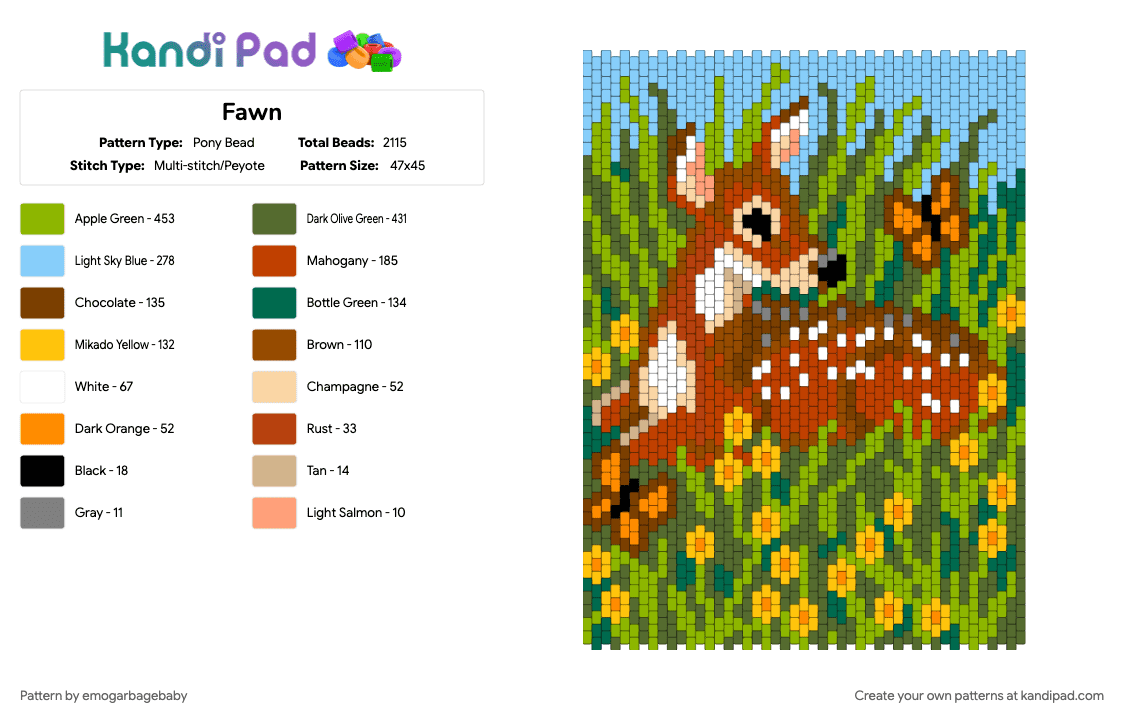 Fawn - Pony Bead Pattern by emogarbagebaby on Kandi Pad - gold, green, light blue, red