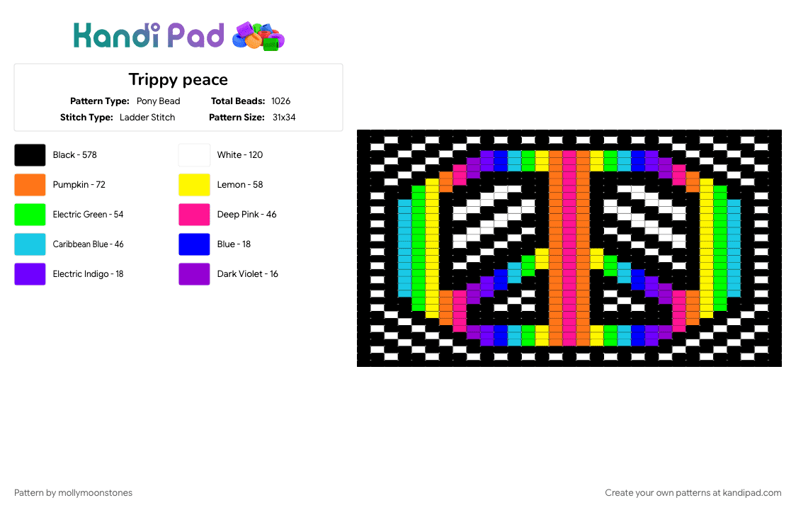 Trippy peace - Pony Bead Pattern by mollymoonstones on Kandi Pad - black, colorful, purple, yellow