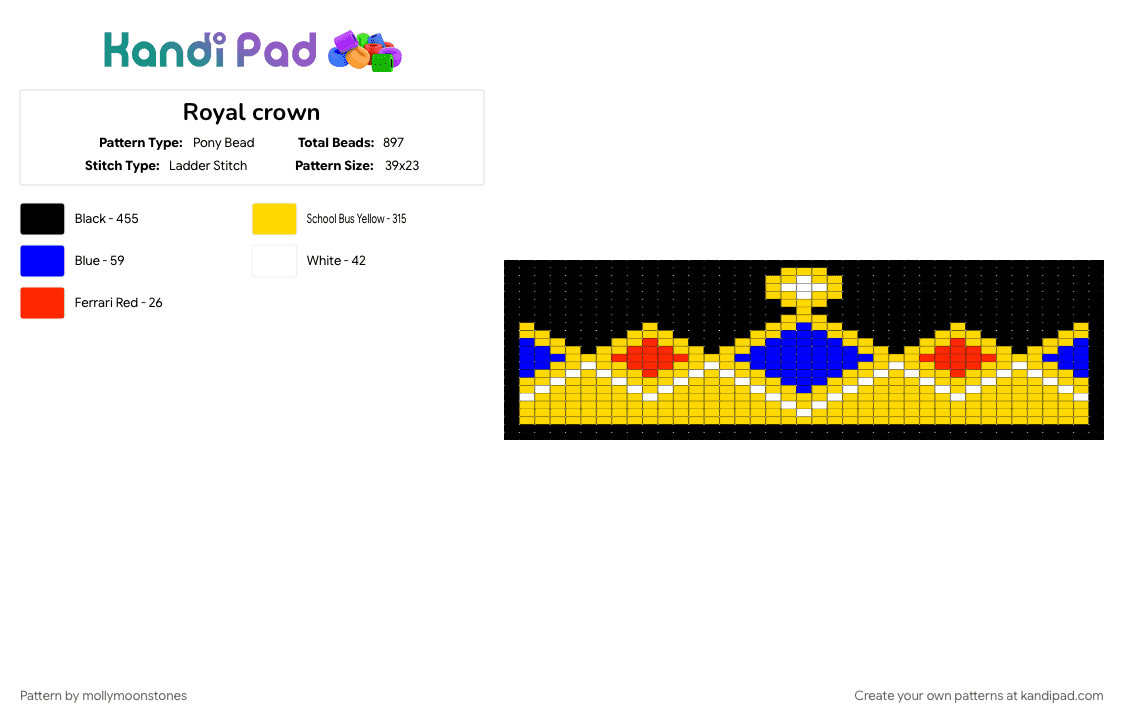 Royal crown - Pony Bead Pattern by mollymoonstones on Kandi Pad - black, yellow