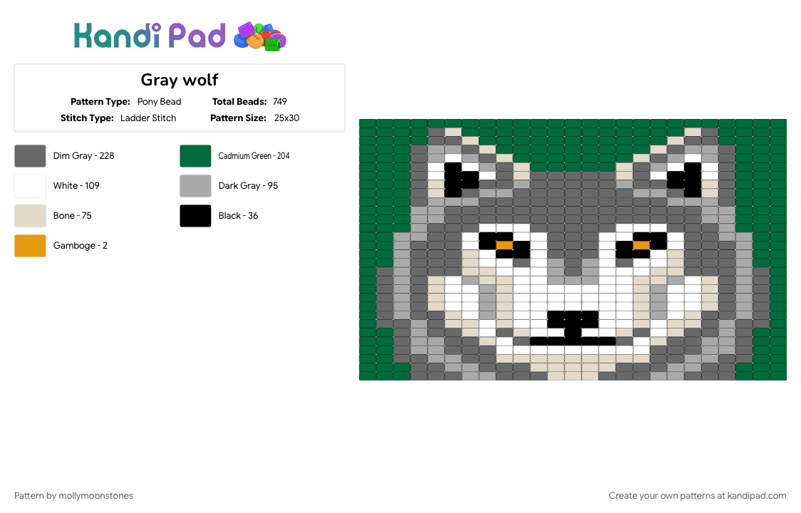 Gray wolf - Pony Bead Pattern by mollymoonstones on Kandi Pad - beige, gray, green