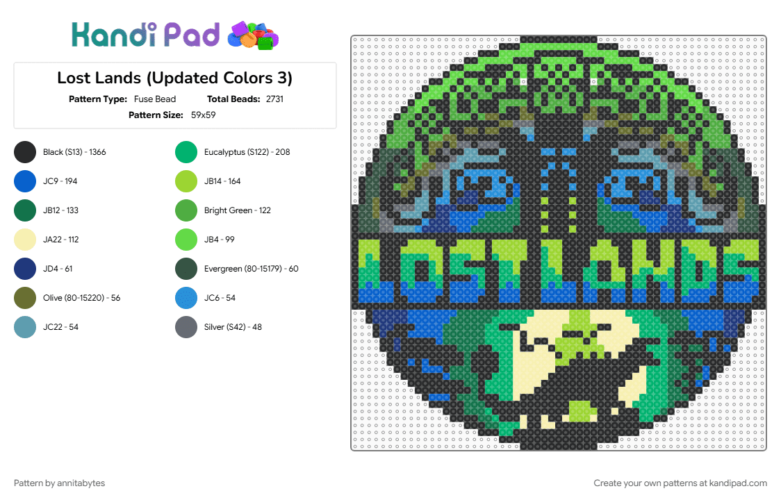 Lost Lands (Updated Colors 3) - Fuse Bead Pattern by annitabytes on Kandi Pad - black, blue, green, teal