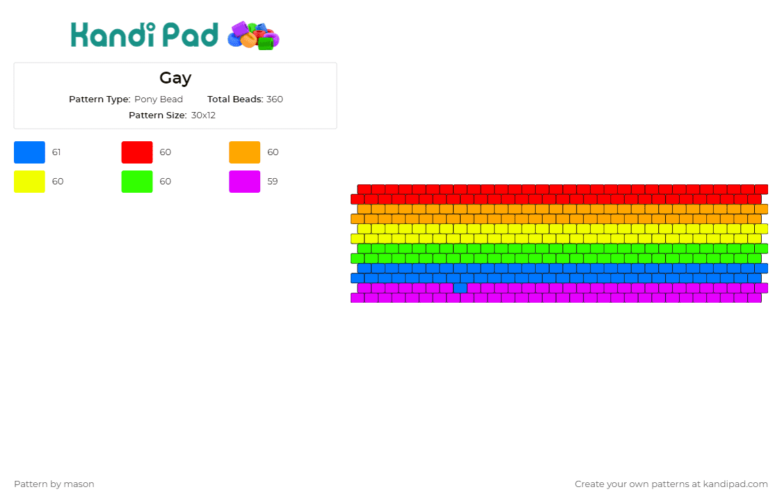 Gay - Pony Bead Pattern by mason on Kandi Pad - gay,pride,stripes,cuff,rainbow,colorful