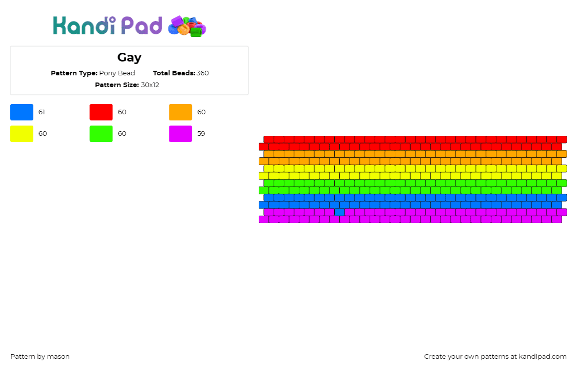 Gay - Pony Bead Pattern by mason on Kandi Pad - gay,pride,stripes,cuff,rainbow,colorful