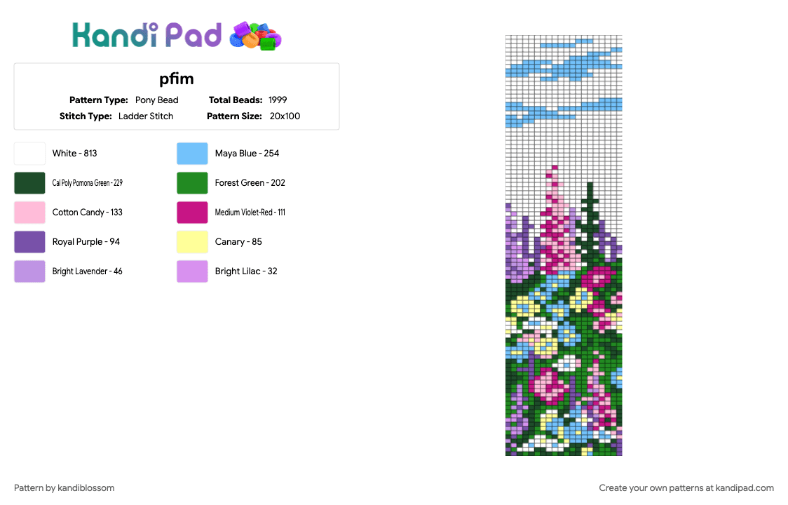 Lupine Dream - Pony Bead Pattern by kandiblossom on Kandi Pad - green, light blue, pink, white