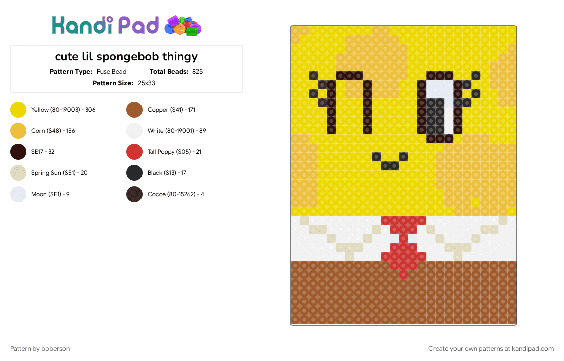 cute lil spongebob thingy - Fuse Bead Pattern by boberson on Kandi Pad - spongebob squarepants, tan, yellow