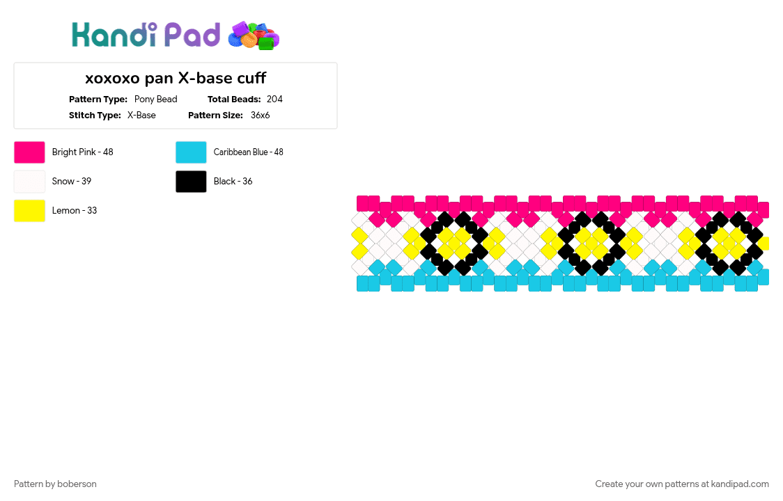 xoxoxo pan X-base cuff - Pony Bead Pattern by boberson on Kandi Pad - light blue, pansexual, pink
