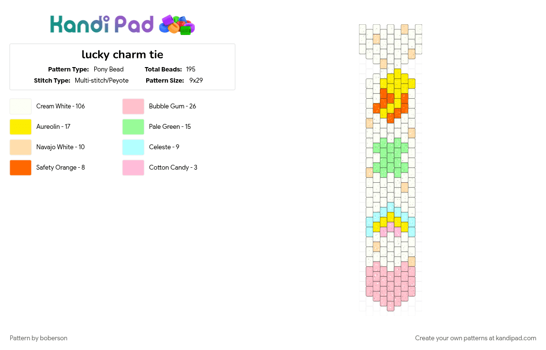 lucky charm tie - Pony Bead Pattern by boberson on Kandi Pad - lucky charms, pink, teal, white, yellow