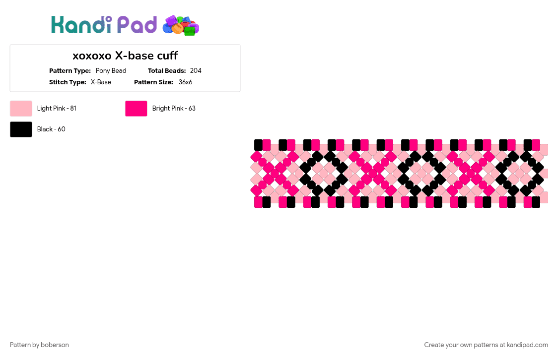xoxoxo X-base cuff - Pony Bead Pattern by boberson on Kandi Pad - black, pink