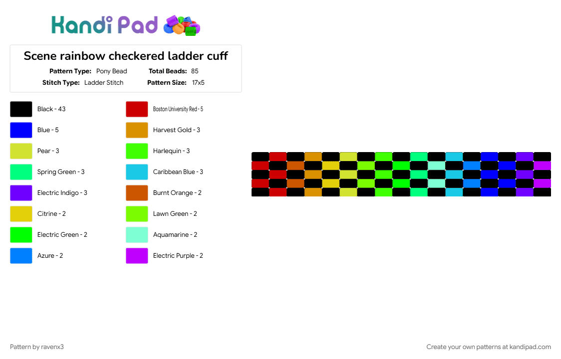 Scene rainbow checkered ladder cuff - Pony Bead Pattern by ravenx3 on Kandi Pad - black, colorful, cuff, ladder cuff, rainbow, scene, scenemo, teal, yellow