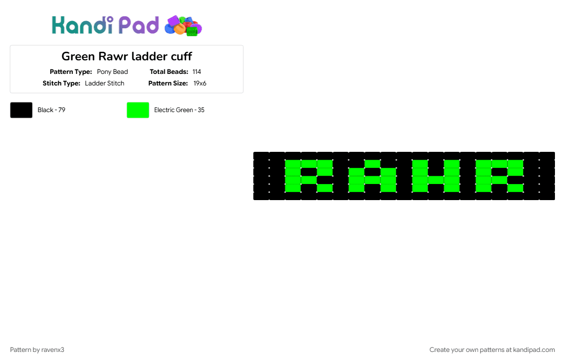 Green Rawr ladder cuff - Pony Bead Pattern by ravenx3 on Kandi Pad - black, cuff, emo, green, ladder stitch cuff, scene