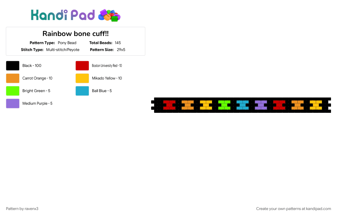 Rainbow bone cuff!! - Pony Bead Pattern by ravenx3 on Kandi Pad - black, bone, colorful, cuff, emo, orange, peyote cuff, rainbow, red, scene, yellow