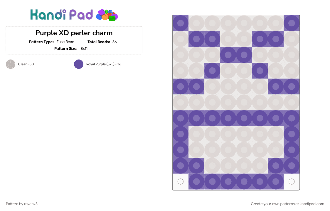 Purple XD perler charm - Fuse Bead Pattern by ravenx3 on Kandi Pad - beige, charm, clear, perler, purple, scene, xd