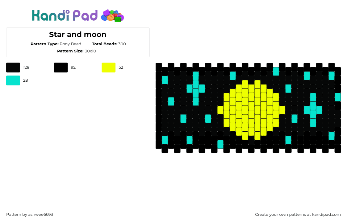 Star and moon - Pony Bead Pattern by ashwee6693 on Kandi Pad - space,stars,moon,cuff,dark,black,yellow,teal