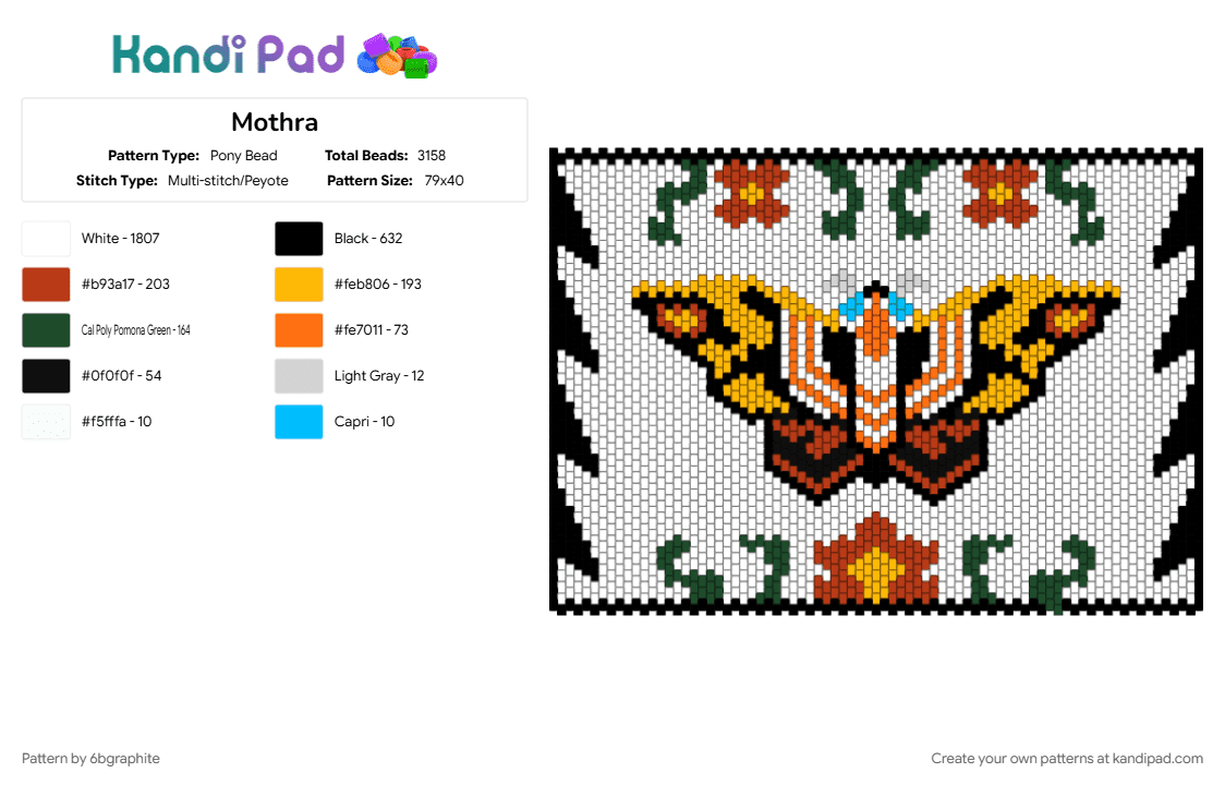 Mothra - Pony Bead Pattern by 6bgraphite on Kandi Pad - orange, red, white