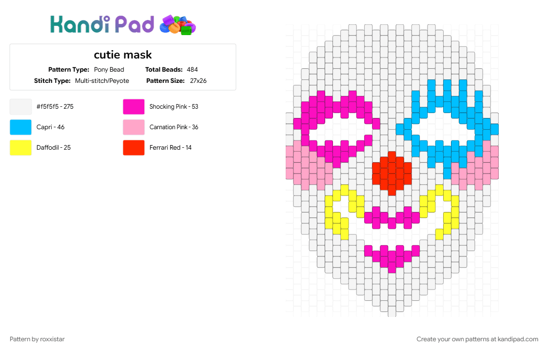 cutie mask - Pony Bead Pattern by roxxistar on Kandi Pad - light blue, pink, white
