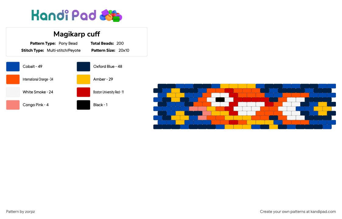 Magikarp cuff - Pony Bead Pattern by zorpz on Kandi Pad - blue, cartoon, character, cuff pattern, gaming, magikarp, pokemon, tv show, video game
