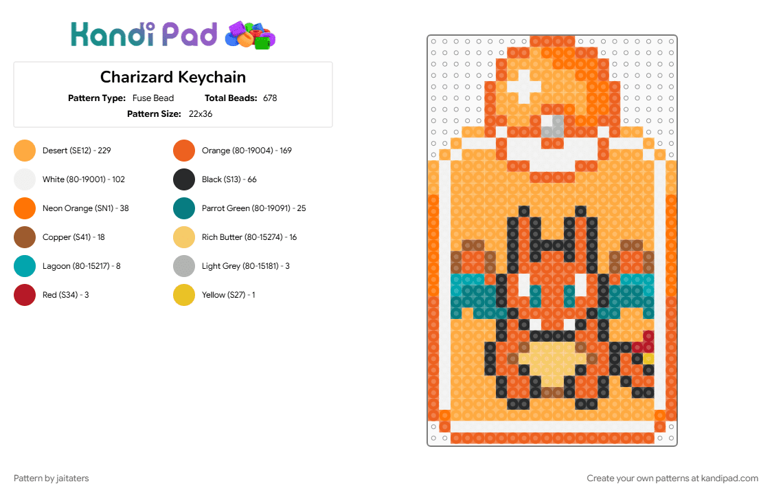 Charizard Keychain - Fuse Bead Pattern by jaitaters on Kandi Pad - orange